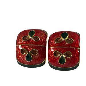 Red Green Enamel Earrings Studs Gold Tone Christmas Holiday